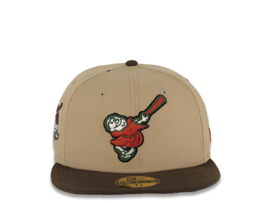 San Diego Padres New Era MLB 59FIFTY 5950 Fitted Cap Hat Khaki Crown Brown Visor Red/Green Swinging Friar Logo 40th Anniversary Side Patch Green UV