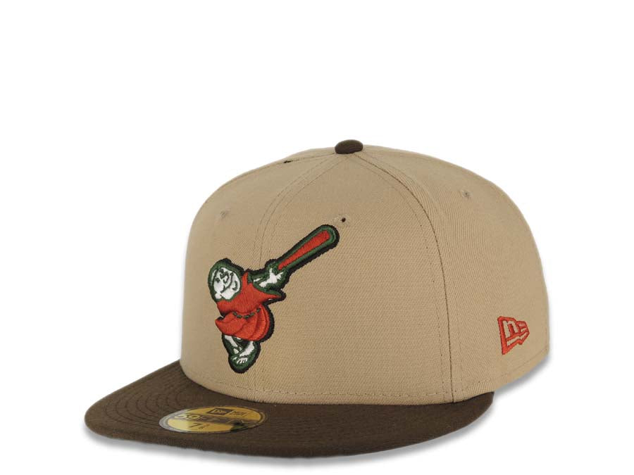 San Diego Padres New Era MLB 59FIFTY 5950 Fitted Cap Hat Khaki Crown Brown Visor Red/Green Swinging Friar Logo 40th Anniversary Side Patch Green UV