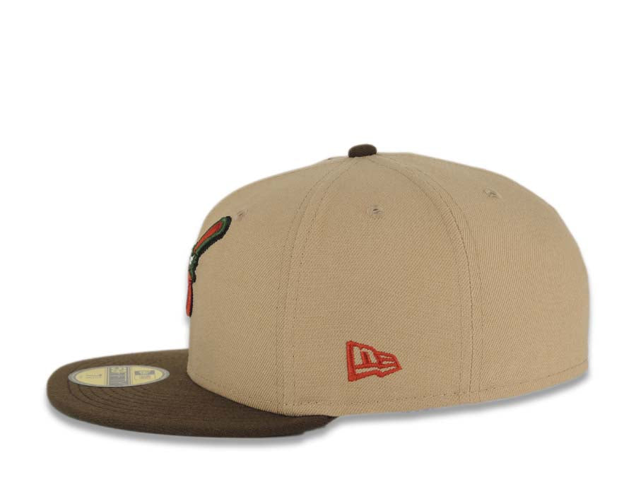 San Diego Padres New Era MLB 59FIFTY 5950 Fitted Cap Hat Khaki Crown Brown Visor Red/Green Swinging Friar Logo 40th Anniversary Side Patch Green UV