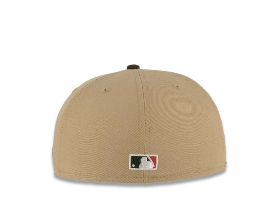 San Diego Padres New Era MLB 59FIFTY 5950 Fitted Cap Hat Khaki Crown Brown Visor Red/Green Swinging Friar Logo 40th Anniversary Side Patch Green UV