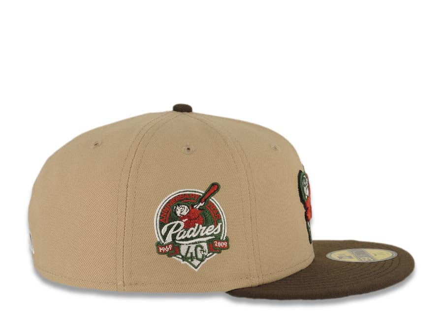 San Diego Padres New Era MLB 59FIFTY 5950 Fitted Cap Hat Khaki Crown Brown Visor Red/Green Swinging Friar Logo 40th Anniversary Side Patch Green UV