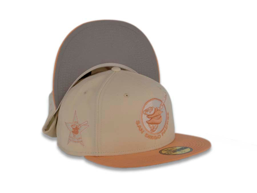 San Diego Padres New Era MLB 59FIFTY 5950 Fitted Cap Hat Cream Crown Peach Visor Peach/White Swinging Friar Logo 1978 All-Star Game Side Patch Gray UV
