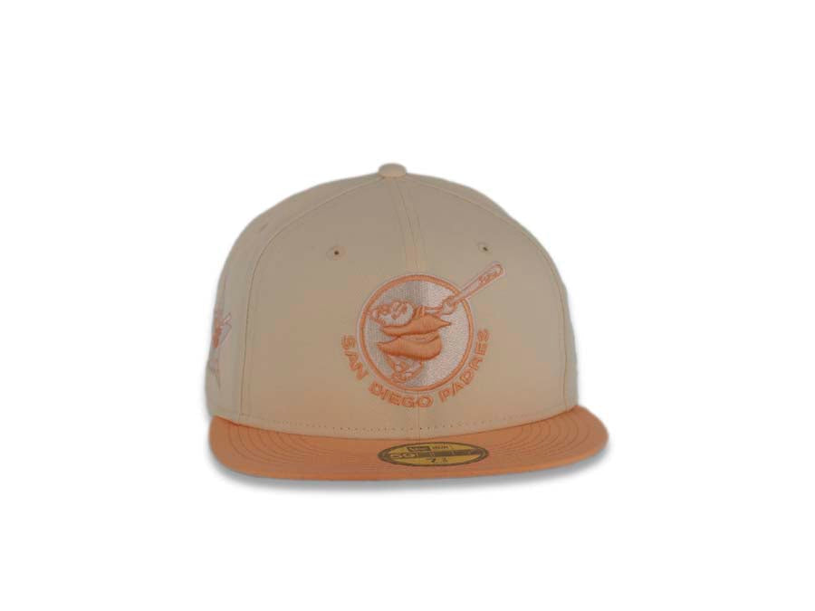 San Diego Padres New Era MLB 59FIFTY 5950 Fitted Cap Hat Cream Crown Peach Visor Peach/White Swinging Friar Logo 1978 All-Star Game Side Patch Gray UV