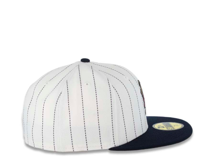 San Diego Padres New Era MLB 59FIFTY 5950 Fitted Cap Hat White/Navy Pinstripe Crown Navy Visor Cardinal/Khaki Batting Friar Logo Gray UV