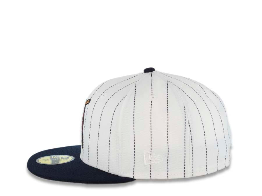 San Diego Padres New Era MLB 59FIFTY 5950 Fitted Cap Hat White/Navy Pinstripe Crown Navy Visor Cardinal/Khaki Batting Friar Logo Gray UV