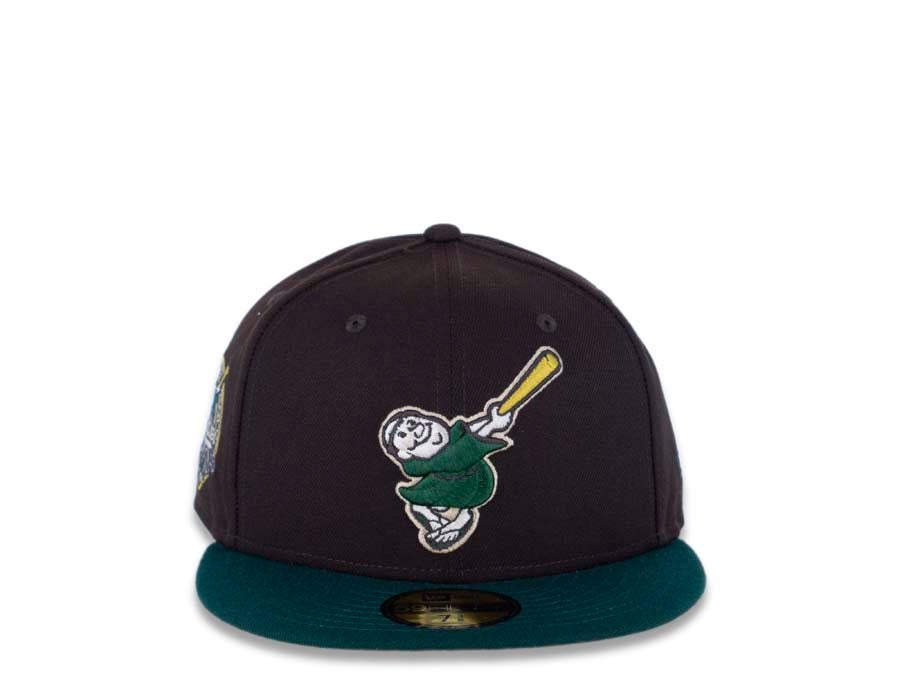 San Diego Padres New Era MLB 59FIFTY 5950 Fitted Cap Hat Dark Brown Crown Dark Green Visor Dark Green Swinging Friar Logo 40th Anniversary Side Patch