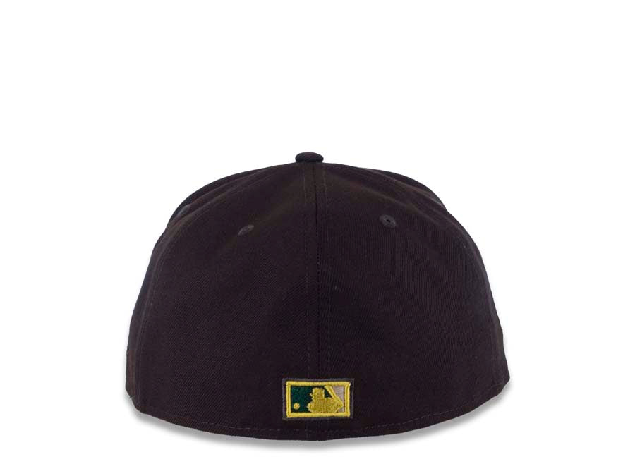 San Diego Padres New Era MLB 59FIFTY 5950 Fitted Cap Hat Dark Brown Crown Dark Green Visor Dark Green Swinging Friar Logo 40th Anniversary Side Patch
