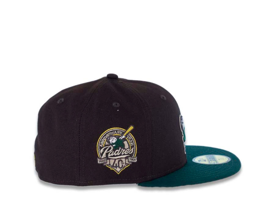 San Diego Padres New Era MLB 59FIFTY 5950 Fitted Cap Hat Dark Brown Crown Dark Green Visor Dark Green Swinging Friar Logo 40th Anniversary Side Patch