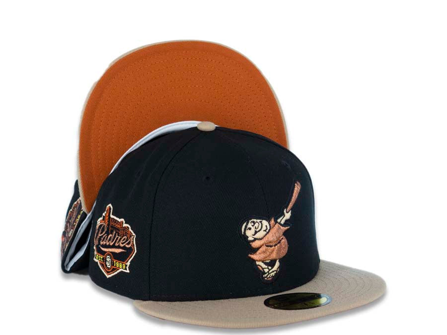 San Diego Padres New Era MLB 59FIFTY 5950 Fitted Cap Hat Black Crown Camel Visor Copper Swinging Friar Logo Established 1969 Petco Park Side Patch