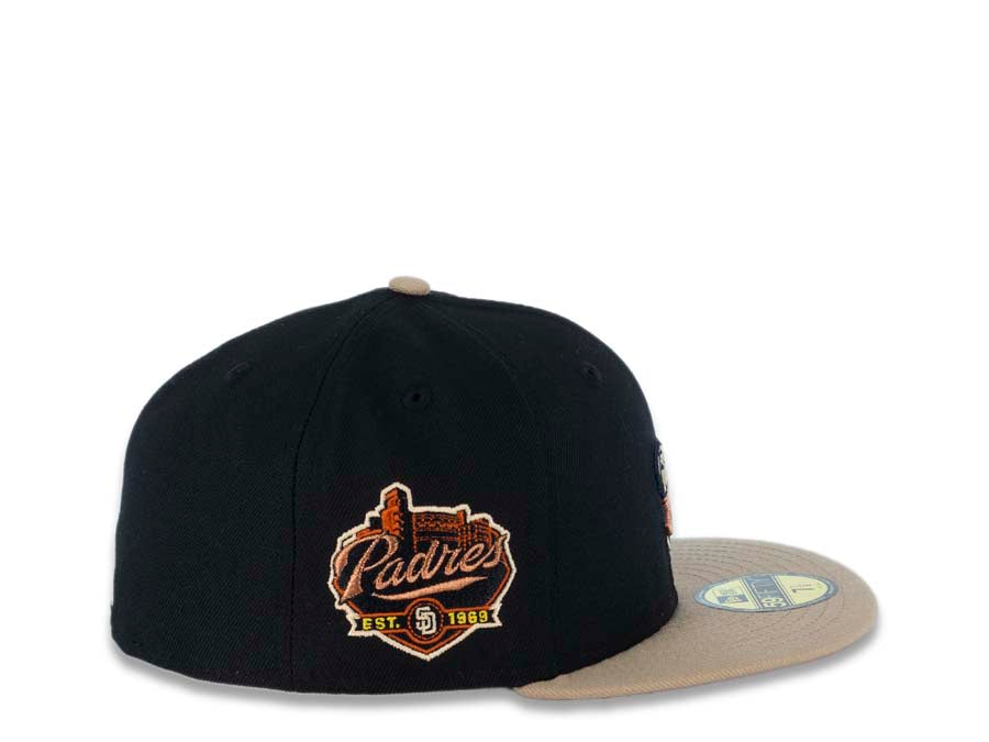 San Diego Padres New Era MLB 59FIFTY 5950 Fitted Cap Hat Black Crown Camel Visor Copper Swinging Friar Logo Established 1969 Petco Park Side Patch