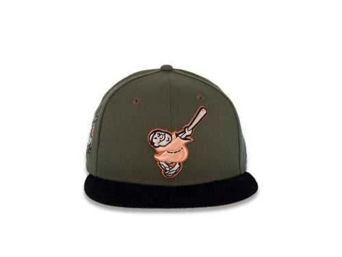 (Corduroy Visor) San Diego Padres New Era MLB 59FIFTY 5950 Fitted Cap Hat Olive Crown Black Visor Swinging Friar Logo 40th Anniversary Side Patch