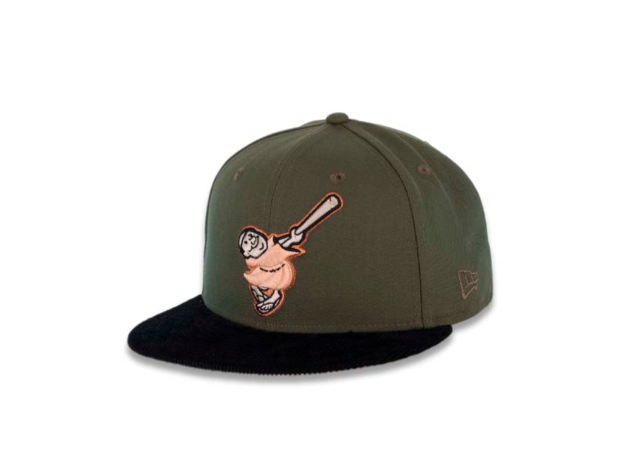 (Corduroy Visor) San Diego Padres New Era MLB 59FIFTY 5950 Fitted Cap Hat Olive Crown Black Visor Swinging Friar Logo 40th Anniversary Side Patch