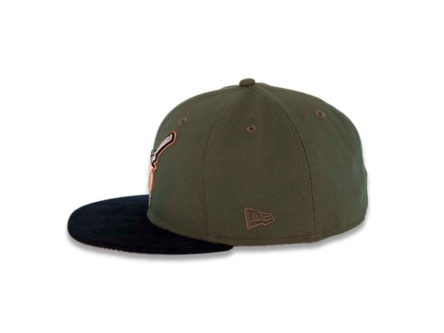 (Corduroy Visor) San Diego Padres New Era MLB 59FIFTY 5950 Fitted Cap Hat Olive Crown Black Visor Swinging Friar Logo 40th Anniversary Side Patch