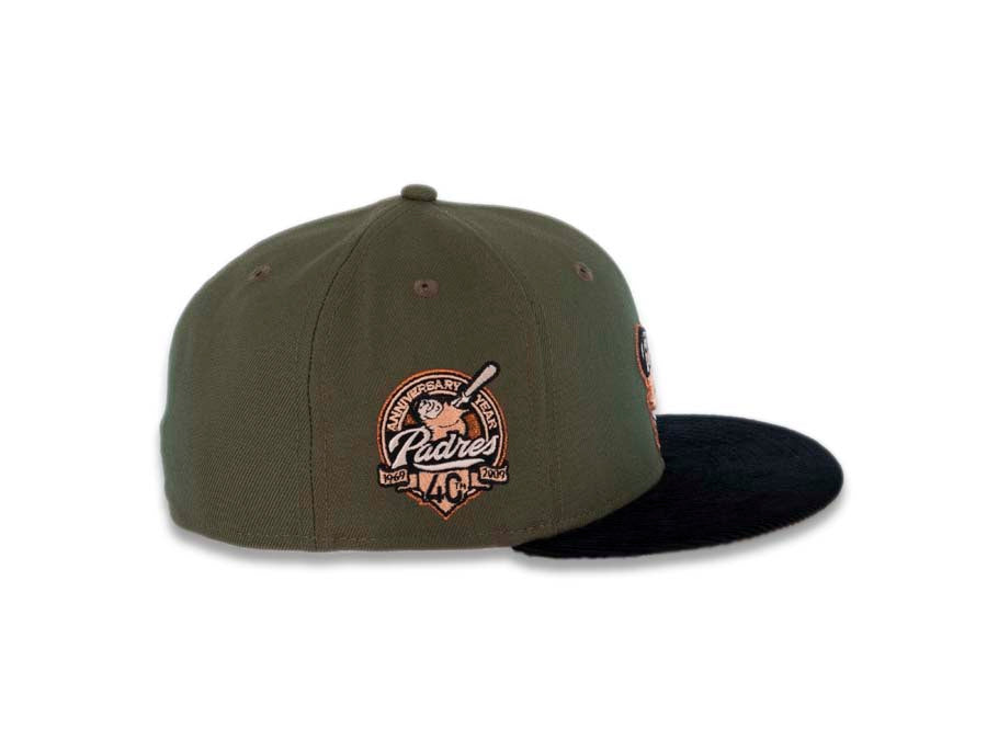 (Corduroy Visor) San Diego Padres New Era MLB 59FIFTY 5950 Fitted Cap Hat Olive Crown Black Visor Swinging Friar Logo 40th Anniversary Side Patch