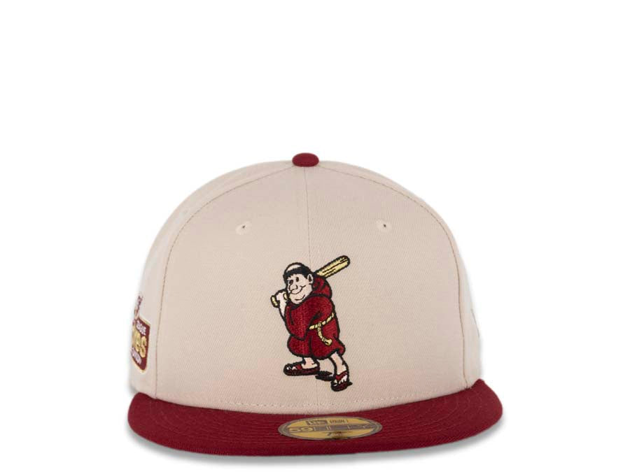 San Diego Padres New Era MLB 59FIFTY 5950 Fitted Cap Hat Stone Crown Cardinal Visor Cardinal Batting Friar Logo 40th Anniversary Side Patch Green UV