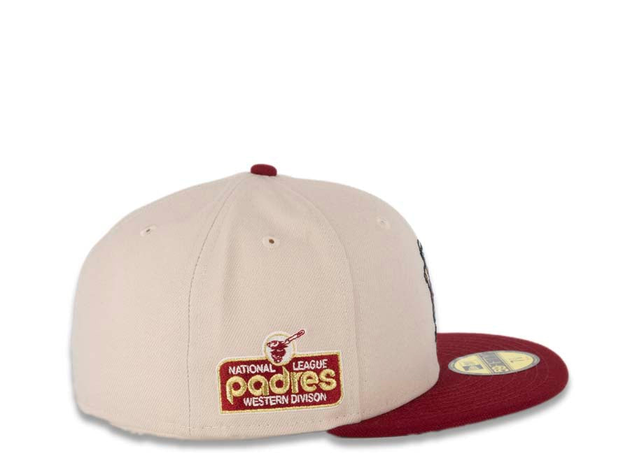 San Diego Padres New Era MLB 59FIFTY 5950 Fitted Cap Hat Stone Crown Cardinal Visor Cardinal Batting Friar Logo 40th Anniversary Side Patch Green UV