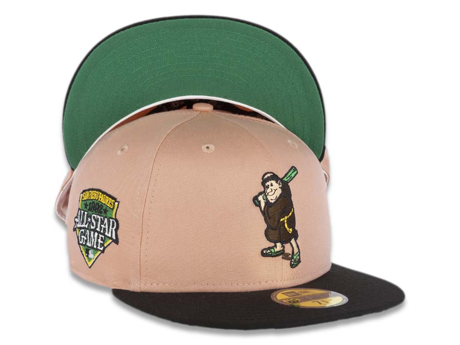 San Diego Padres New Era MLB 59FIFTY 5950 Fitted Cap Hat Light Peach Crown Black Visor Brown/Green Batting Friar Logo 1992 All-Star Game Side Patch