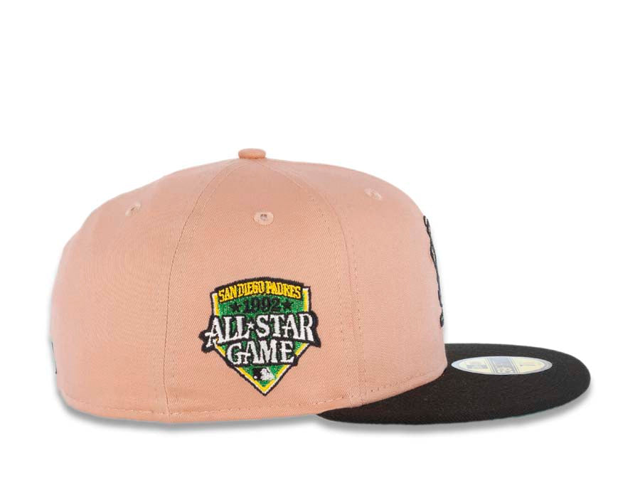 San Diego Padres New Era MLB 59FIFTY 5950 Fitted Cap Hat Light Peach Crown Black Visor Brown/Green Batting Friar Logo 1992 All-Star Game Side Patch