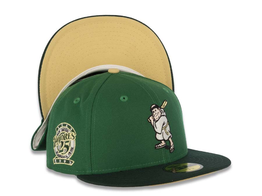 San Diego Padres New Era MLB 59FIFTY 5950 Fitted Cap Hat Green Crown Dark Green Visor White/Orange Batting Friar Logo 25th Anniversary Side Patch