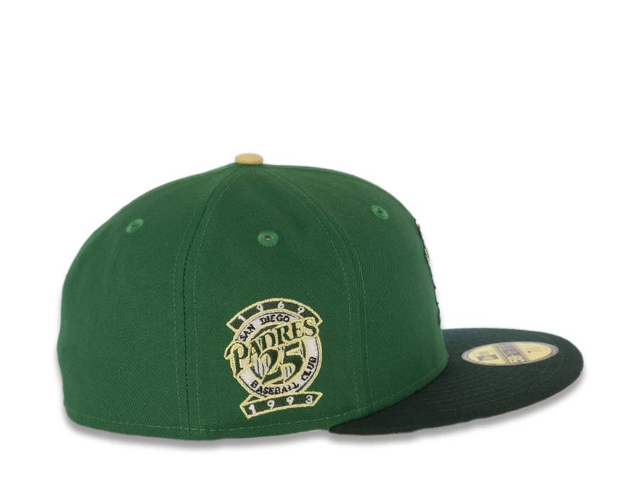 San Diego Padres New Era MLB 59FIFTY 5950 Fitted Cap Hat Green Crown Dark Green Visor White/Orange Batting Friar Logo 25th Anniversary Side Patch