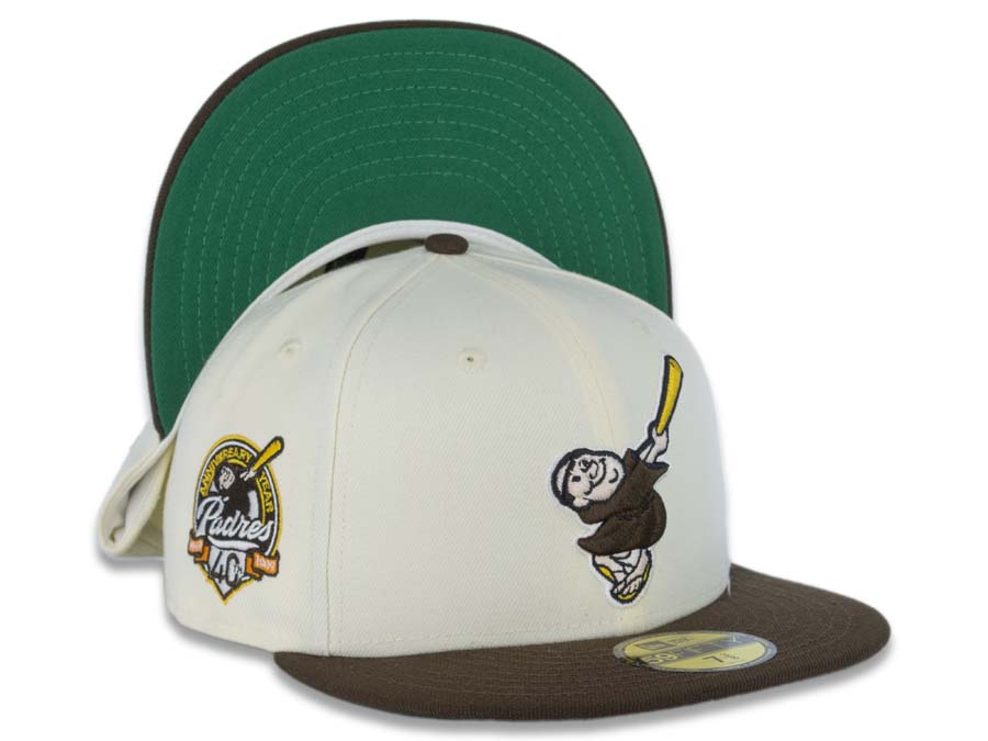 San Diego Padres New Era MLB 59FIFTY 5950 Fitted Cap Hat Cream Crown Brown Visor Brown/Yellow Swinging Friar Logo 40th Anniversary Side Patch