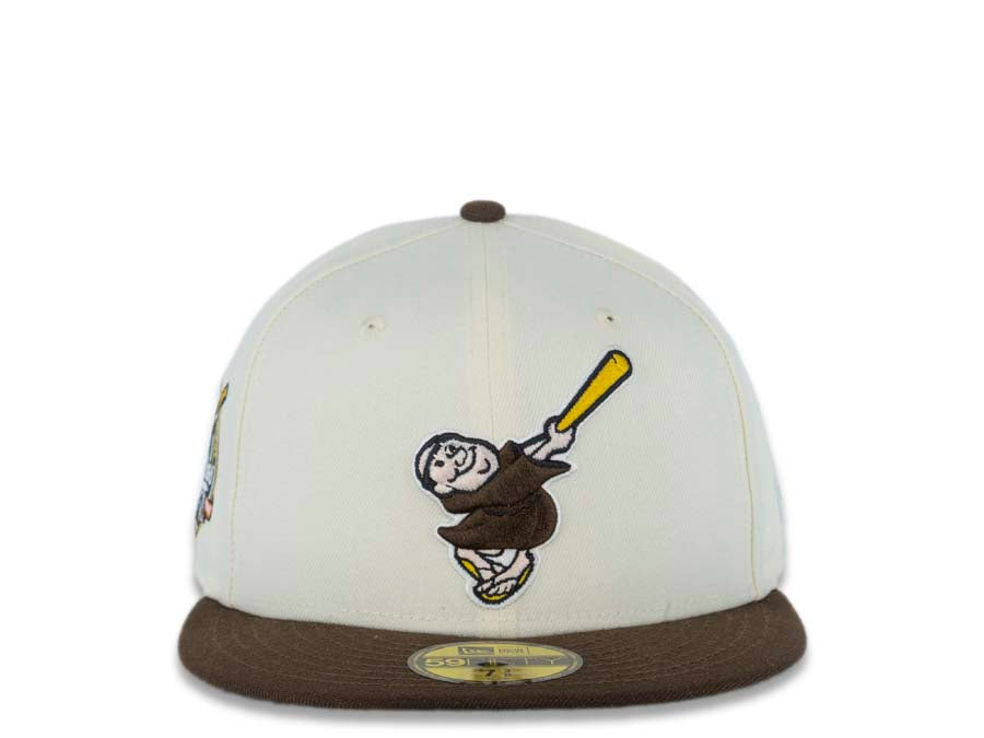 San Diego Padres New Era MLB 59FIFTY 5950 Fitted Cap Hat Cream Crown Brown Visor Brown/Yellow Swinging Friar Logo 40th Anniversary Side Patch