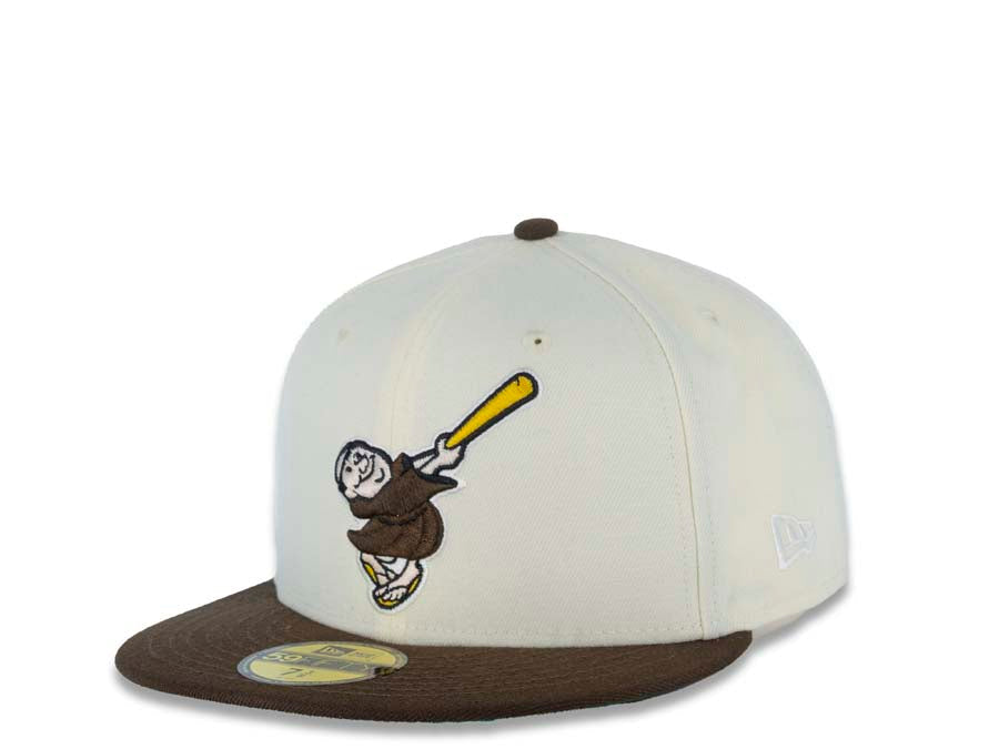 San Diego Padres New Era MLB 59FIFTY 5950 Fitted Cap Hat Cream Crown Brown Visor Brown/Yellow Swinging Friar Logo 40th Anniversary Side Patch