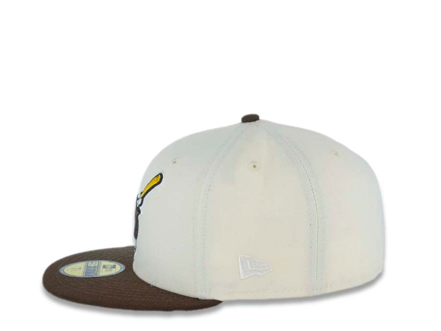 San Diego Padres New Era MLB 59FIFTY 5950 Fitted Cap Hat Cream Crown Brown Visor Brown/Yellow Swinging Friar Logo 40th Anniversary Side Patch