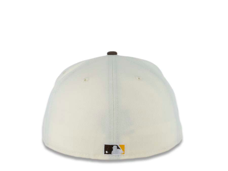 San Diego Padres New Era MLB 59FIFTY 5950 Fitted Cap Hat Cream Crown Brown Visor Brown/Yellow Swinging Friar Logo 40th Anniversary Side Patch