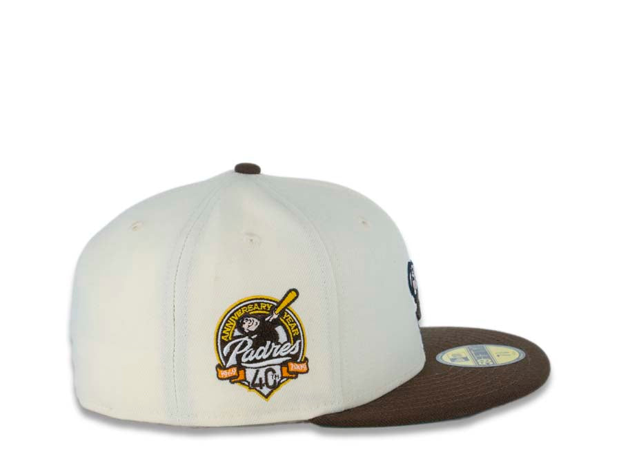 San Diego Padres New Era MLB 59FIFTY 5950 Fitted Cap Hat Cream Crown Brown Visor Brown/Yellow Swinging Friar Logo 40th Anniversary Side Patch