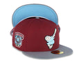 San Diego Padres New Era MLB 59FIFTY 5950 Fitted Cap Hat Dark Red Crown Gray Visor Sky Blue Swinging Friar Logo Go Padres Side Patch Sky Blue UV