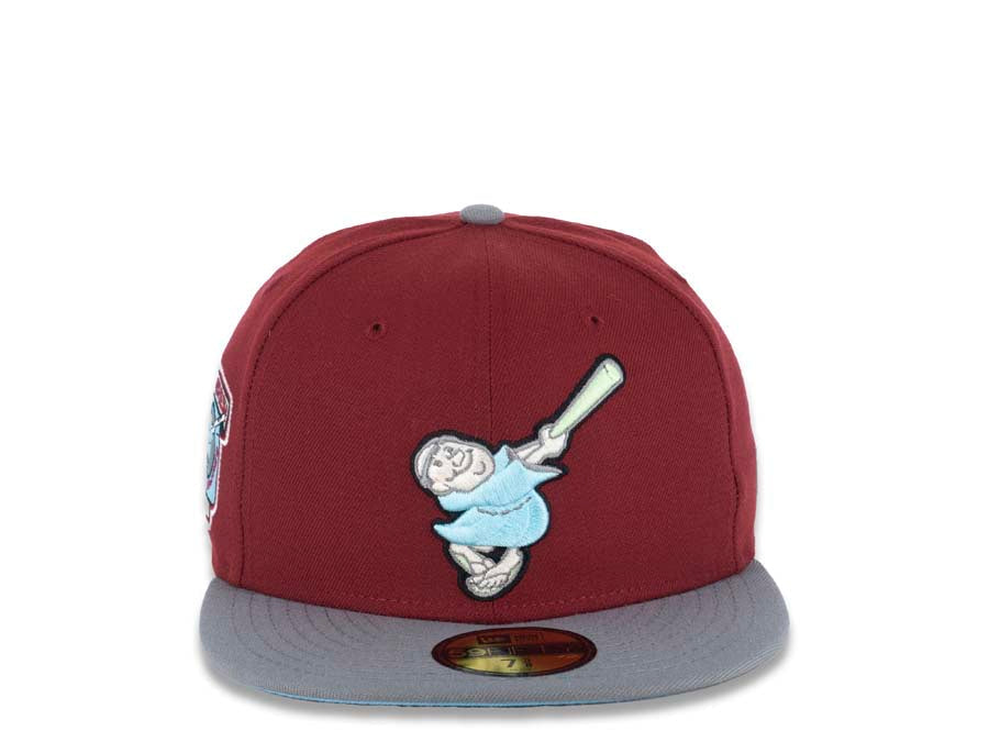 San Diego Padres New Era MLB 59FIFTY 5950 Fitted Cap Hat Dark Red Crown Gray Visor Sky Blue Swinging Friar Logo Go Padres Side Patch Sky Blue UV