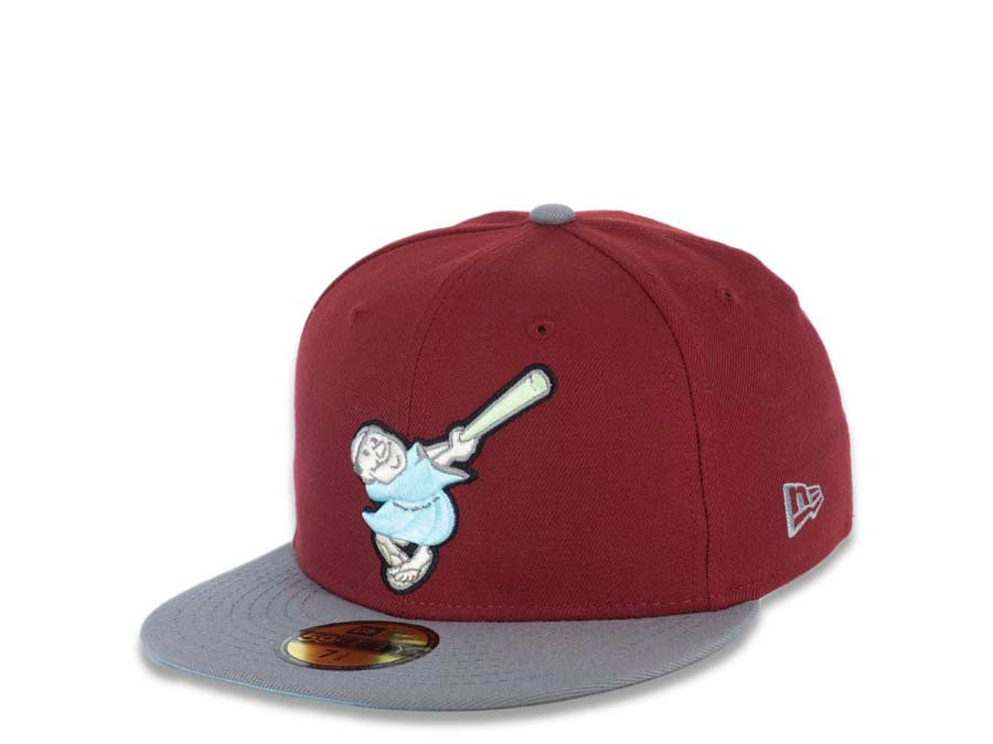 San Diego Padres New Era MLB 59FIFTY 5950 Fitted Cap Hat Dark Red Crown Gray Visor Sky Blue Swinging Friar Logo Go Padres Side Patch Sky Blue UV