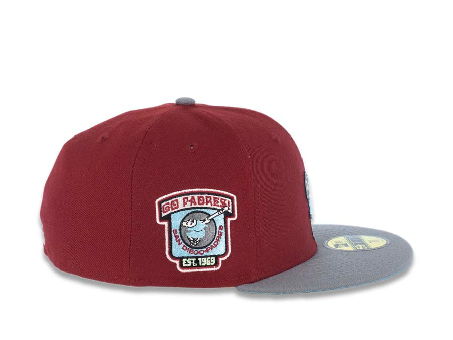 San Diego Padres New Era MLB 59FIFTY 5950 Fitted Cap Hat Dark Red Crown Gray Visor Sky Blue Swinging Friar Logo Go Padres Side Patch Sky Blue UV
