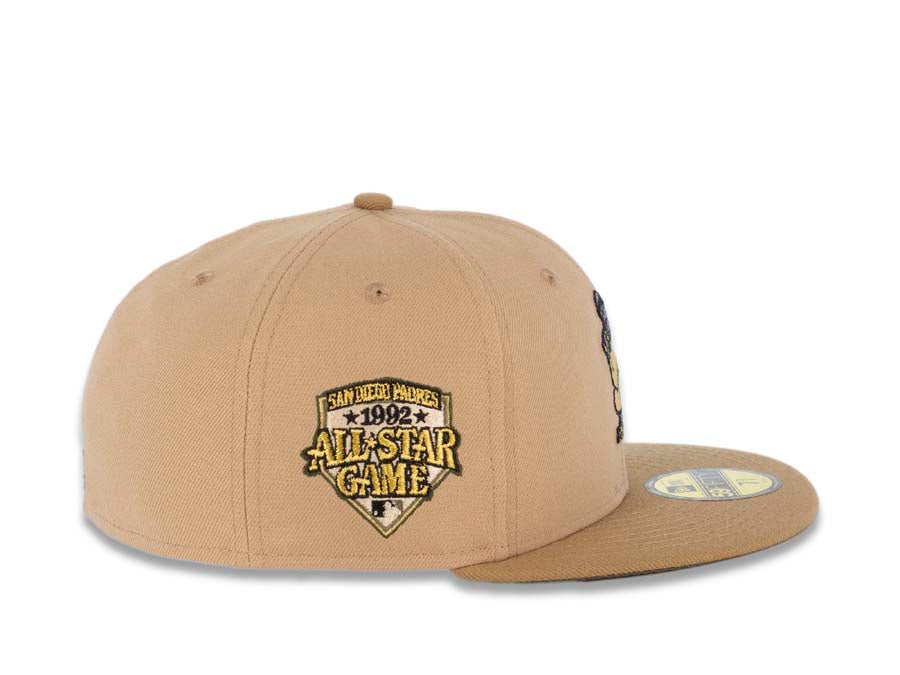 San Diego Padres New Era MLB 59FIFTY 5950 Fitted Cap Hat Khaki Crown/Visor Yellow Batting Friar Logo 1992 All-Star Game Side Patch Olive UV