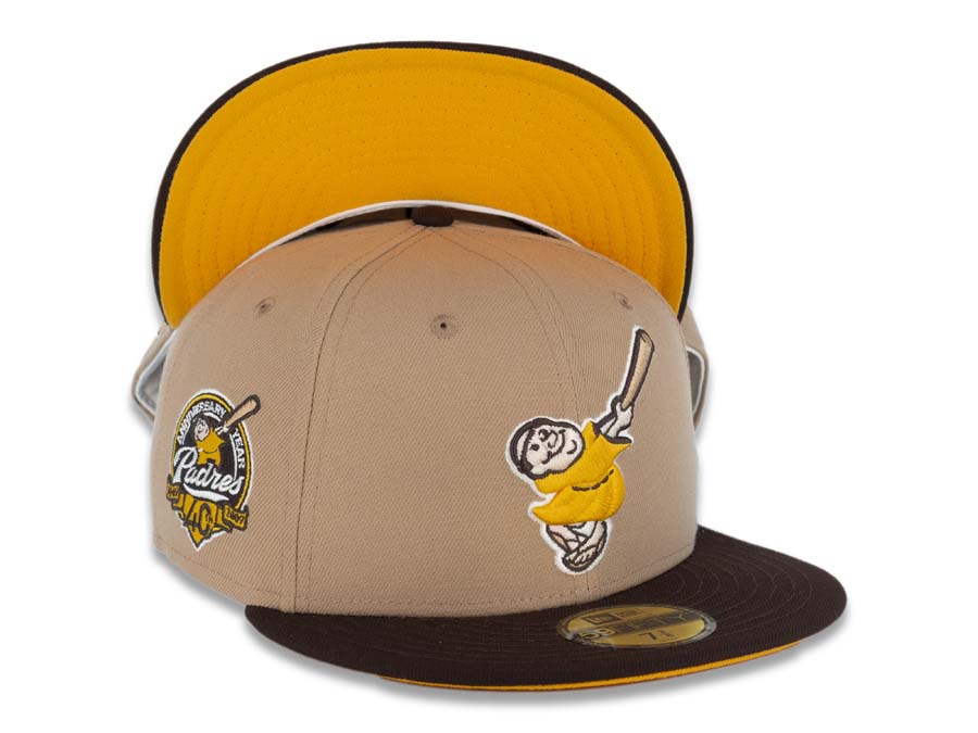 San Diego Padres New Era MLB 59FIFTY 5950 Fitted Cap Hat Khaki Crown Dark Brown Visor Yellow/Khaki Swinging Friar Logo 40th Anniversary Side Patch