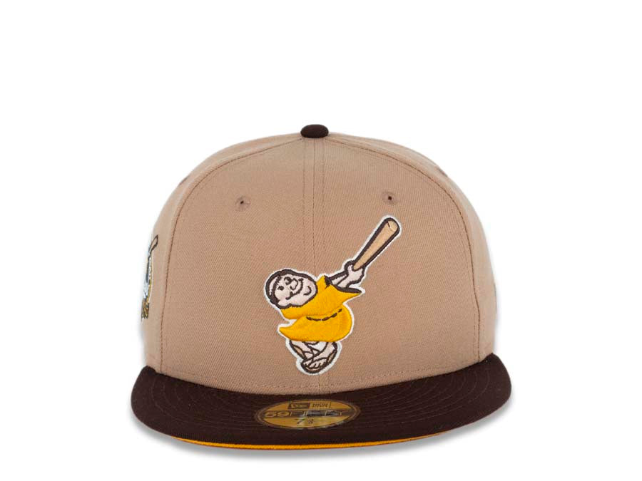 San Diego Padres New Era MLB 59FIFTY 5950 Fitted Cap Hat Khaki Crown Dark Brown Visor Yellow/Khaki Swinging Friar Logo 40th Anniversary Side Patch