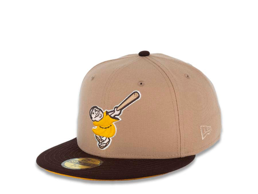 San Diego Padres New Era MLB 59FIFTY 5950 Fitted Cap Hat Khaki Crown Dark Brown Visor Yellow/Khaki Swinging Friar Logo 40th Anniversary Side Patch