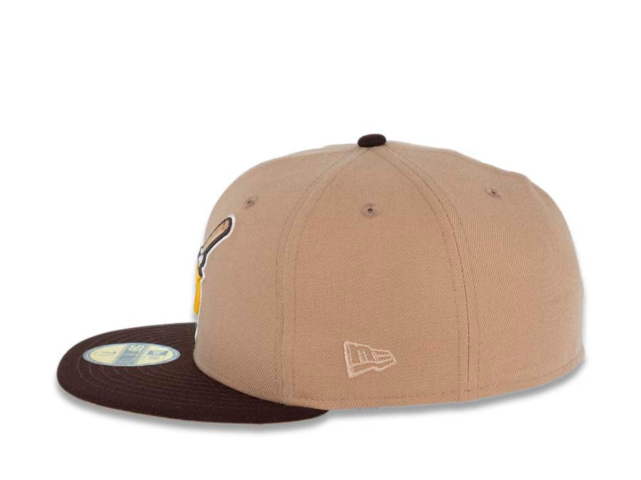 San Diego Padres New Era MLB 59FIFTY 5950 Fitted Cap Hat Khaki Crown Dark Brown Visor Yellow/Khaki Swinging Friar Logo 40th Anniversary Side Patch