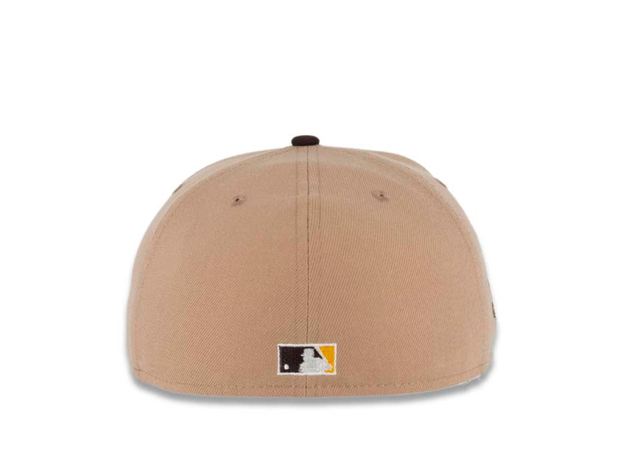 San Diego Padres New Era MLB 59FIFTY 5950 Fitted Cap Hat Khaki Crown Dark Brown Visor Yellow/Khaki Swinging Friar Logo 40th Anniversary Side Patch