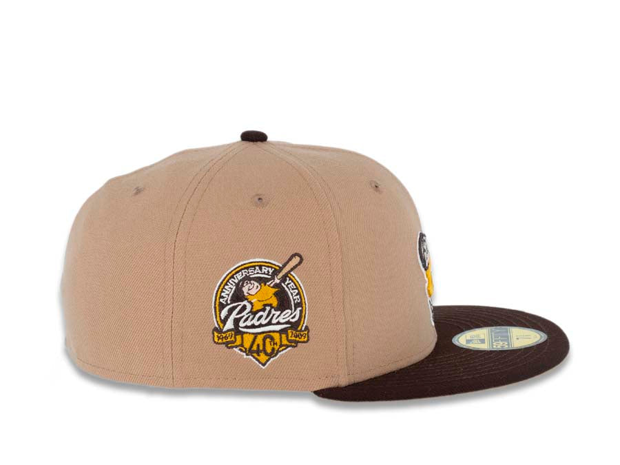 San Diego Padres New Era MLB 59FIFTY 5950 Fitted Cap Hat Khaki Crown Dark Brown Visor Yellow/Khaki Swinging Friar Logo 40th Anniversary Side Patch