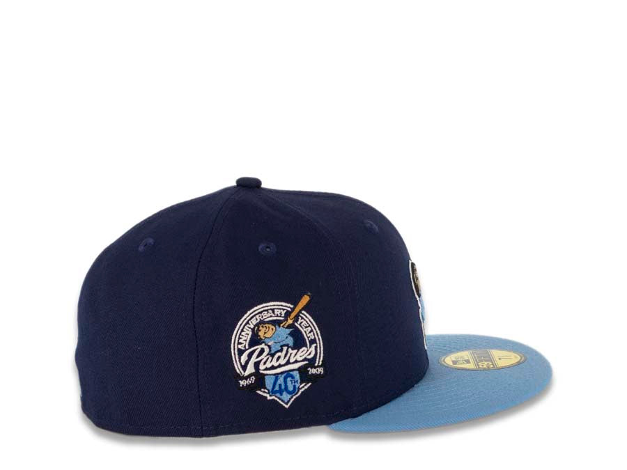 San Diego Padres New Era MLB 59FIFTY 5950 Fitted Cap Hat Navy Crown Sky Blue Visor Sky Blue/Tan Swinging Friar Logo 40th Anniversary Side Patch