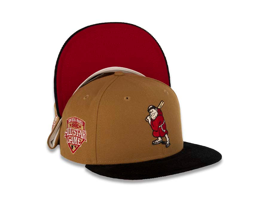 (Corduroy Visor) San Diego Padres New Era MLB 59FIFTY 5950 Fitted Cap Hat Bronze Crown Black Visor Batting Friar Logo 1992 All-Star Game Side Patch