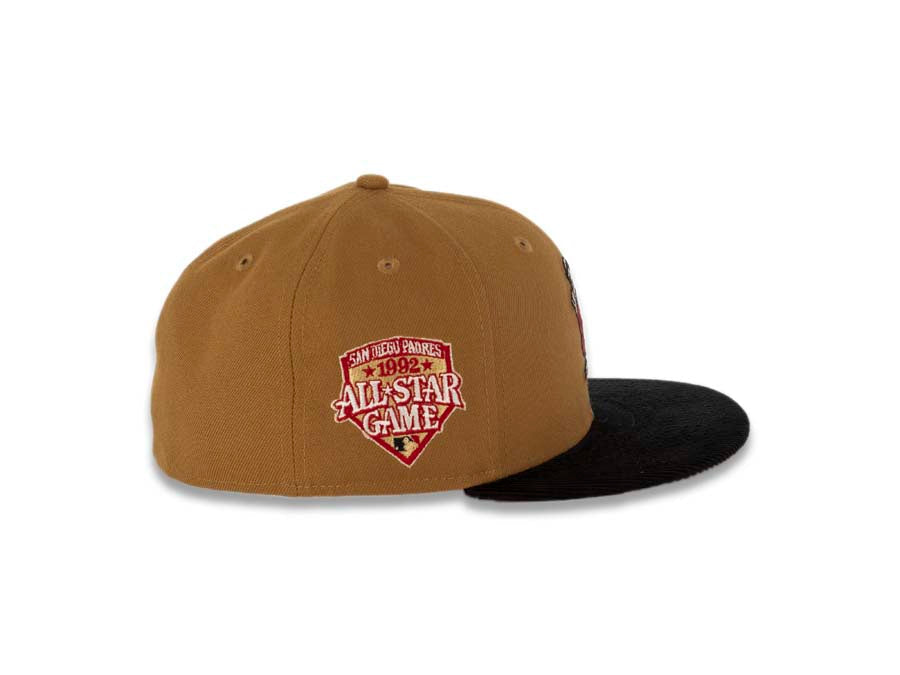 (Corduroy Visor) San Diego Padres New Era MLB 59FIFTY 5950 Fitted Cap Hat Bronze Crown Black Visor Batting Friar Logo 1992 All-Star Game Side Patch