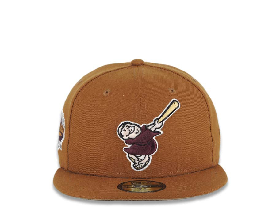 San Diego Padres New Era MLB 59FIFTY 5950 Fitted Cap Hat Light Brown Crown/Visor Maroon/Yellow Swinging Friar Logo Established 1969 Side Patch
