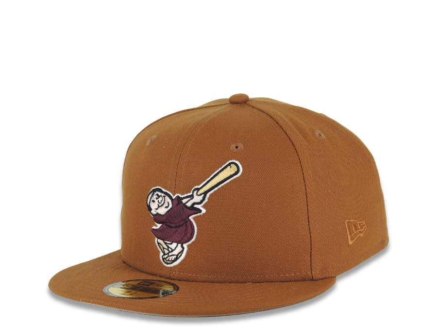 San Diego Padres New Era MLB 59FIFTY 5950 Fitted Cap Hat Light Brown Crown/Visor Maroon/Yellow Swinging Friar Logo Established 1969 Side Patch
