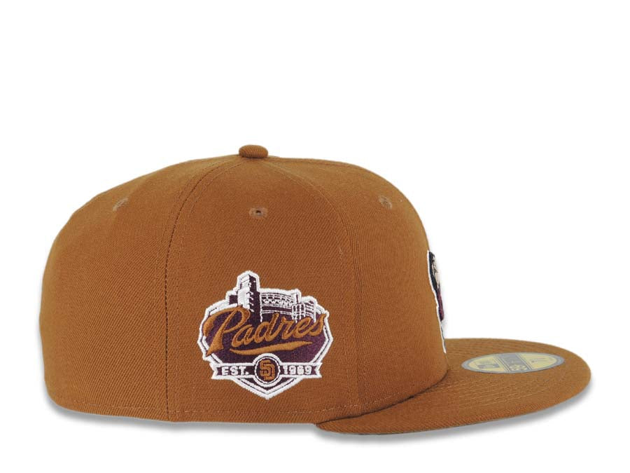 San Diego Padres New Era MLB 59FIFTY 5950 Fitted Cap Hat Light Brown Crown/Visor Maroon/Yellow Swinging Friar Logo Established 1969 Side Patch