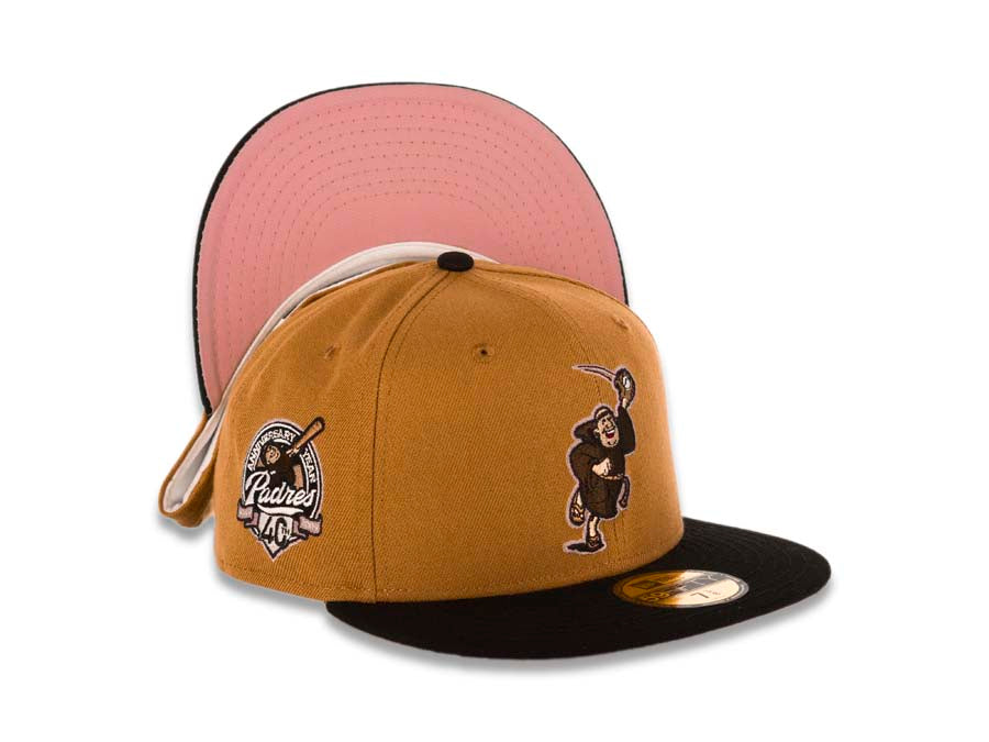 San Diego Padres New Era MLB 59FIFTY 5950 Fitted Cap Hat Panama Tan Crown Black Visor Brown/Pink Catching Friar Logo 40th Anniversary Side Patch