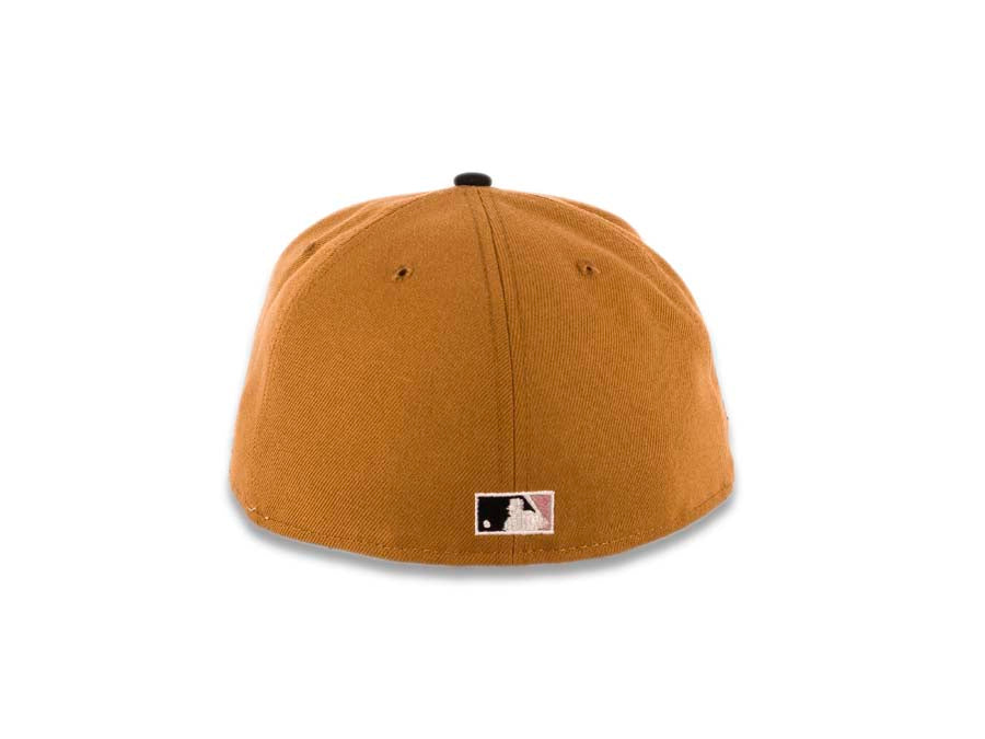 San Diego Padres New Era MLB 59FIFTY 5950 Fitted Cap Hat Panama Tan Crown Black Visor Brown/Pink Catching Friar Logo 40th Anniversary Side Patch