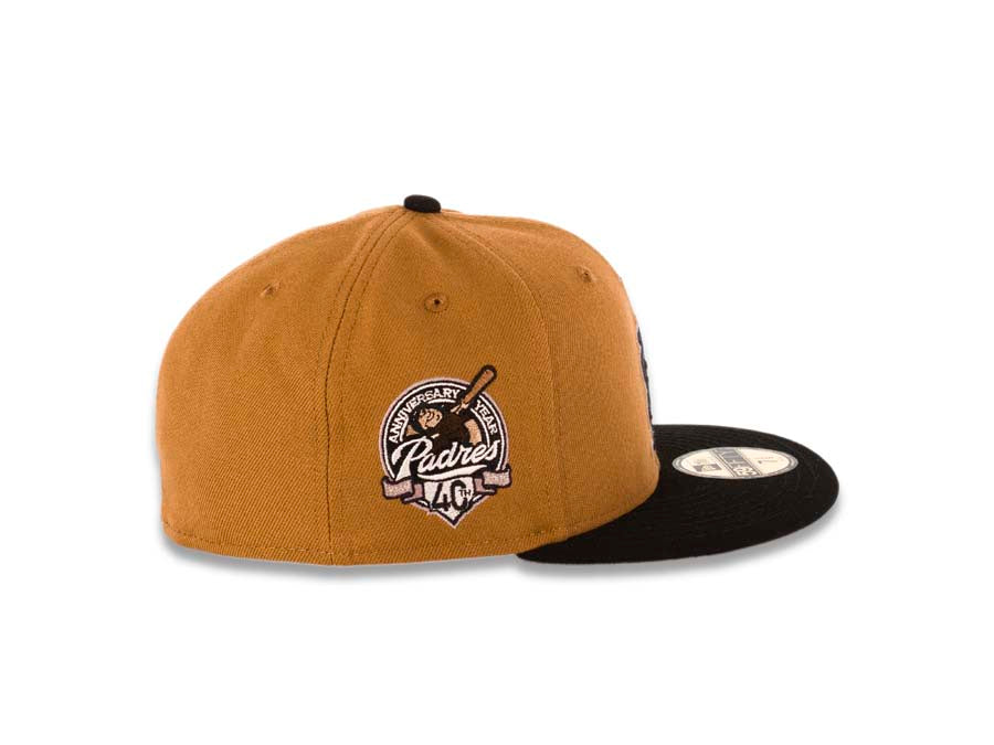 San Diego Padres New Era MLB 59FIFTY 5950 Fitted Cap Hat Panama Tan Crown Black Visor Brown/Pink Catching Friar Logo 40th Anniversary Side Patch